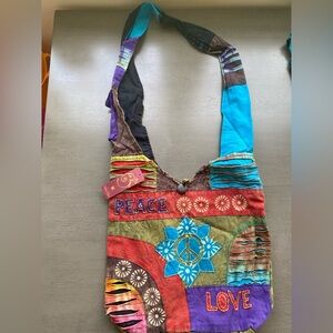 Bohemian Embroidered 'Peace & Love' Patchwork Shoulder Bag - Multicolor